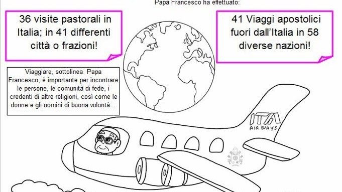 Uno dei disegni di Ivana Rubino nel volumetto "In viaggio con Papa Francesco" che don Giorgetta donerà al Pontefice