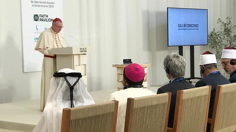 Il cardinale Parolin d lettura del messaggio del Papa per l'inaugurazione del Faith Pavillon