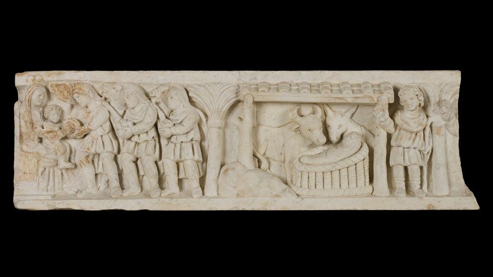 Frammento di una fronte di sarcofago con l'Adorazione dei Magi e l'Adorazione dei pastori; marmo bianco ? Musei Vaticani