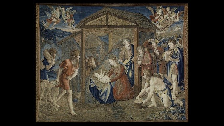 Manifattura FIAMMINGA, Bruxelles ; sogg. e cart.: Scuola di RAFFAELLO Sanzio (Urbino 1483 - Roma 1520); arazz.: bottega di VAN AELST, Pieter; Arazzo della serie "Scuola Nuova": Adorazione dei pastori; orditura in lana; trama in lana, seta e argento dorato; 1524-1531; Musei Vaticani;