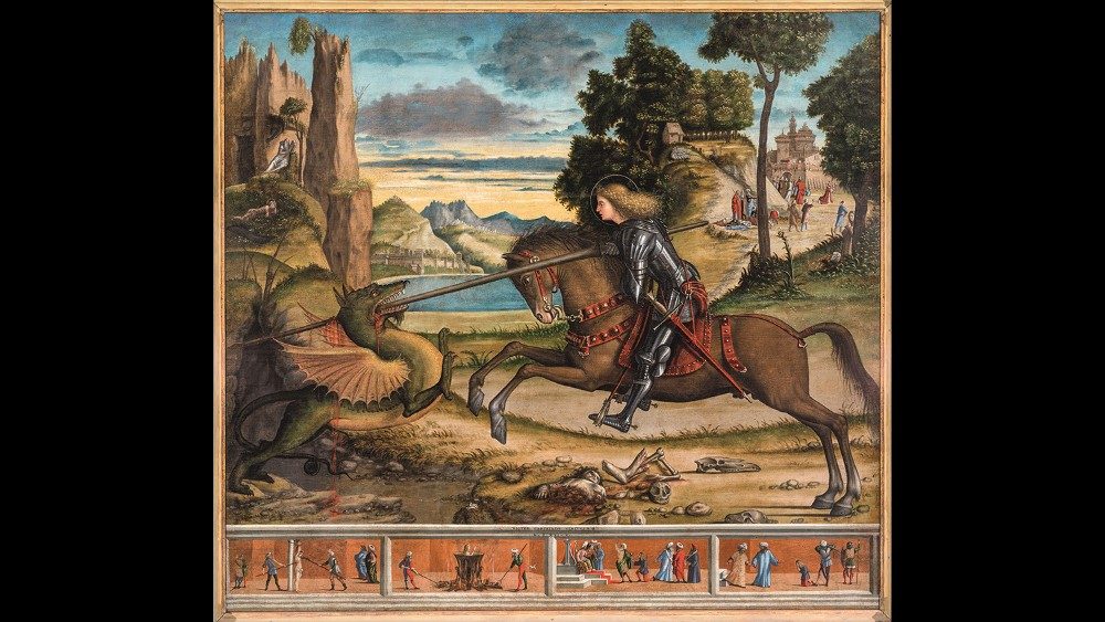 Vittore Carpaccio, San Giorgio che uccide il drago e quattro scene del suo martirio, 1516, Venezia, Abbazia di San Giorgio Maggiore, Benedicti Claustra Onlus. Foto Alberto Novelli
