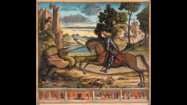 Vittore Carpaccio, San Giorgio che uccide il drago e quattro scene del suo martirio, 1516, olio su tela, cm 180 x 226, Venezia, Abbazia di San Giorgio Maggiore, Benedicti Claustra Onlus. Foto Alberto Novelli 